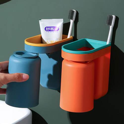 Wall-mounted toothbrush holder and rinse cup set, no drillin