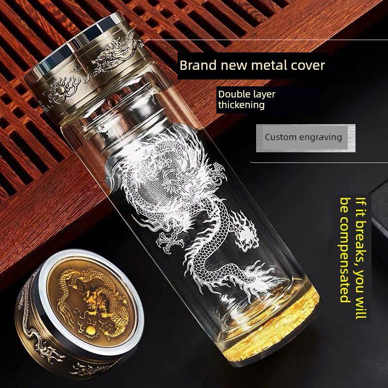 玻璃带盖杯，双层防烫商务男士定制水杯，茶水分离，耐高温车载便