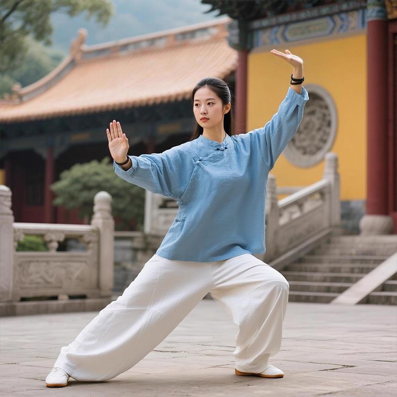 太乙游龙拳太极服女秋季新款长袖新中式斜襟麻上衣八段锦练功服