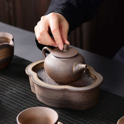 铜锈釉鎏金壶承茶承干泡小茶台家用储水日式粗陶复古托盘
