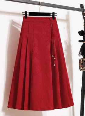春季红色新中式国风马面半身裙秋季新款大码胖高腰a字百褶长0115k