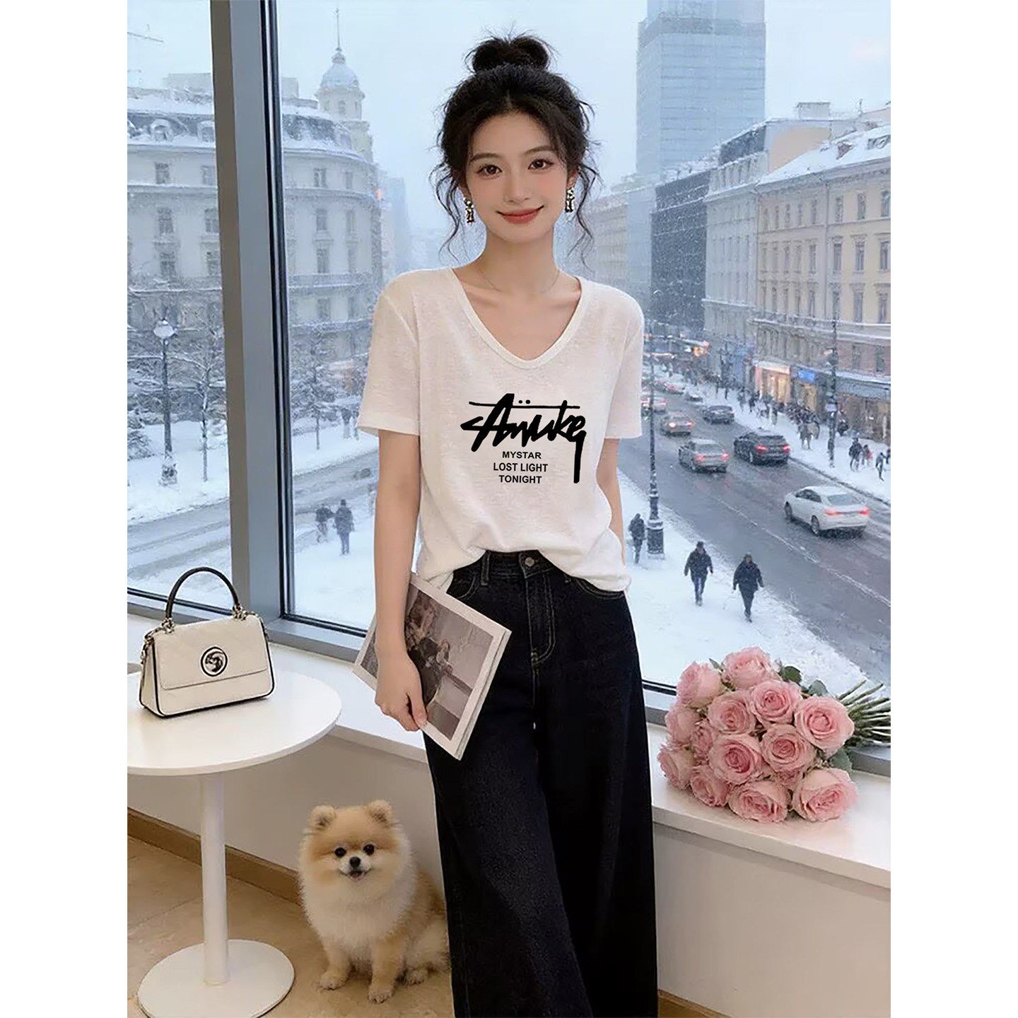 韩国竹节棉正肩V领短袖t恤女设计感时尚百搭薄款白色上衣夏季2026