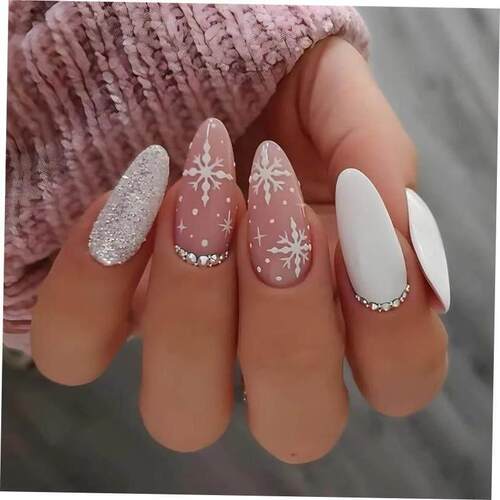 24Pcs Detachable Almond False Nails with Pearl Decoration El