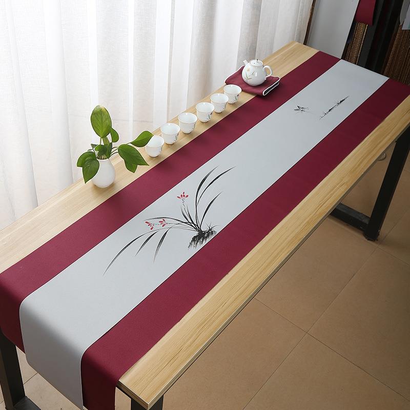 圆桌会议茶席手绘禅意简约式茶几彩色桌布长条办公茶台桌布茶旗布