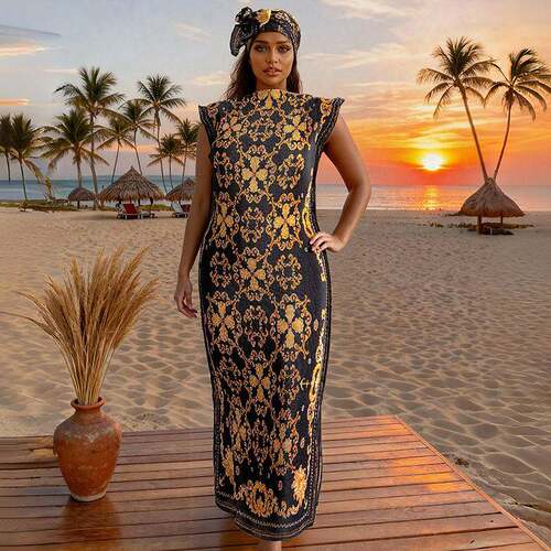 Women's Leopard Print Set, Casual Slim Fit Long Dress &