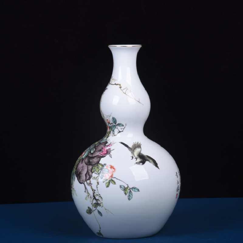 现代新中式高白泥描金粉彩薄胎花鸟葫芦瓶玄关酒柜装饰品摆件批发,家居饰品,花瓶,淘宝优惠券,粉丝福利购,淘宝优惠卷