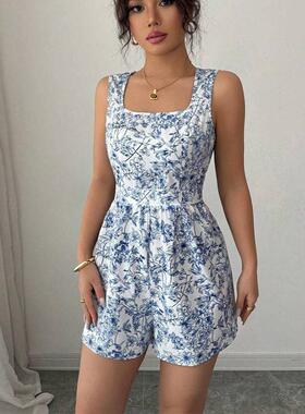 Women'S Sleeveless Square Neck Backless Floral Print,