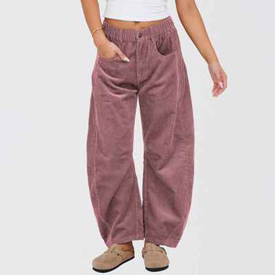 Buenoble Women Corduroy Barrel Pants Waist Elastic Leg