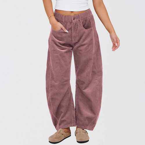 Buenoble Women Corduroy Barrel Pants Waist Elastic Leg