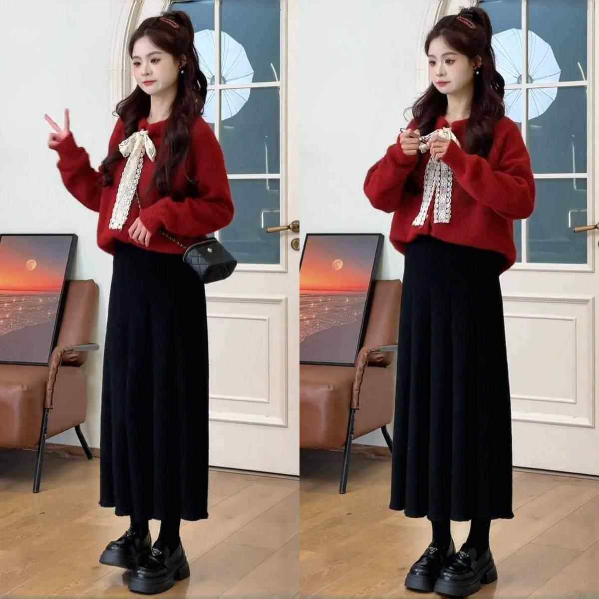 香港搭配一整套冬装蕾丝蝴蝶结毛衣半身裙两件套2025红色新年套装