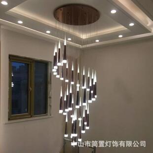 椎管现代简约复式楼中空挑空客厅流星雨吊灯旋转楼梯超长吊灯