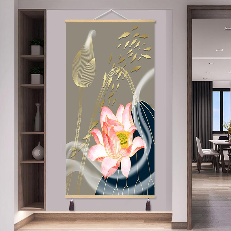 玄关装饰画禅意客厅书房挂画中式布艺挂画定制背景墙壁画竖版莲花图片