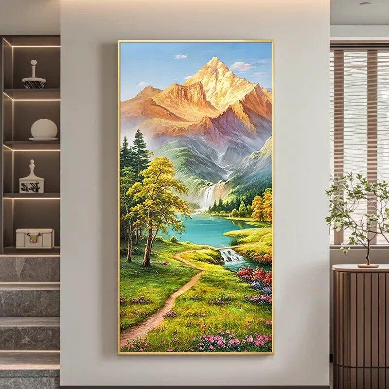 高端聚宝盆山水画新中式玄关画大气挂画入户过道装饰画风景壁画