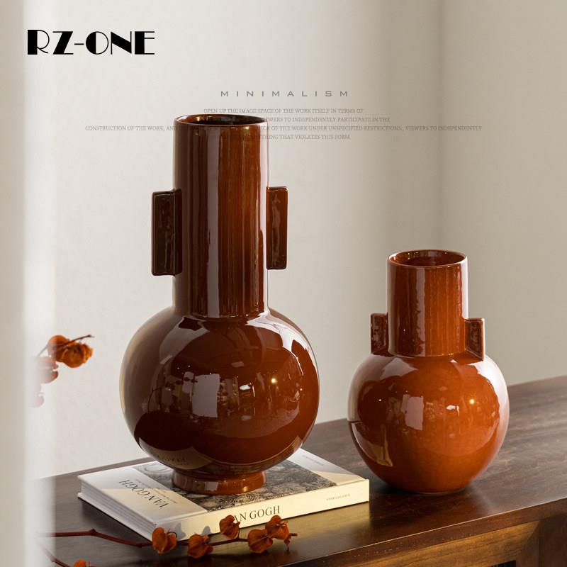 Rzone 高级感法式中古陶瓷花瓶奶咖棕色设计师款艺术插花装饰摆件