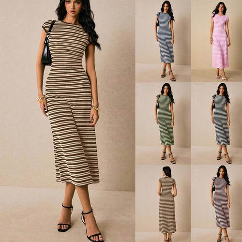 Fashion Casual Colorblock Striped Waist Cinched Round Neck