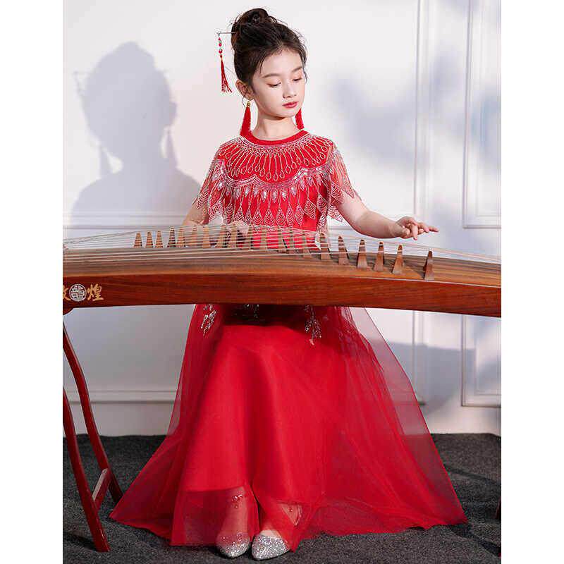 儿童古筝演出服女童检定考试表演服白色公主生日裙中国风钢琴演奏
