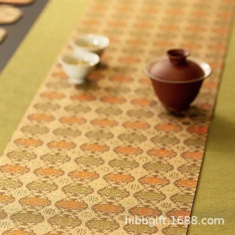 知舍新品金编如意莲纹茶席套装复古中式茶桌台布双面禅意布艺桌旗