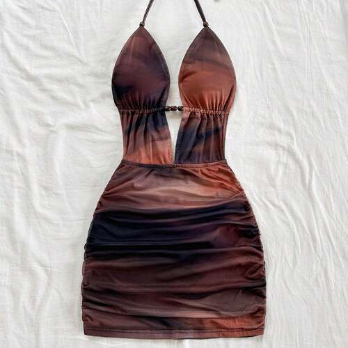 Deep V Neck Ruched Womenswear Dress with Beaded Details