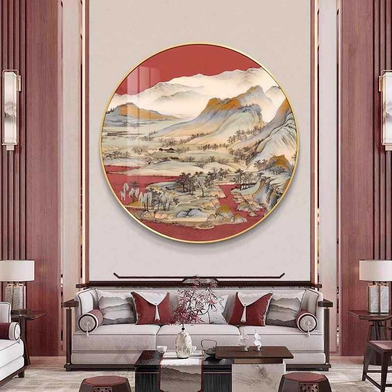 酒店走廊大气灯画新中式客厅圆形挂画玄关过道高档意境山水装饰画