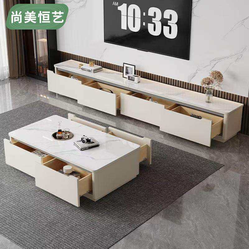 纯实木电视柜现代简约小户型茶几组合岩板轻奢落地电视柜客厅家用