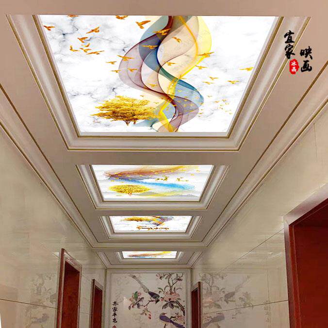 新中式麋鹿3d亚克力吊顶装饰过道钢化艺术玻璃天花有机玻璃透光板