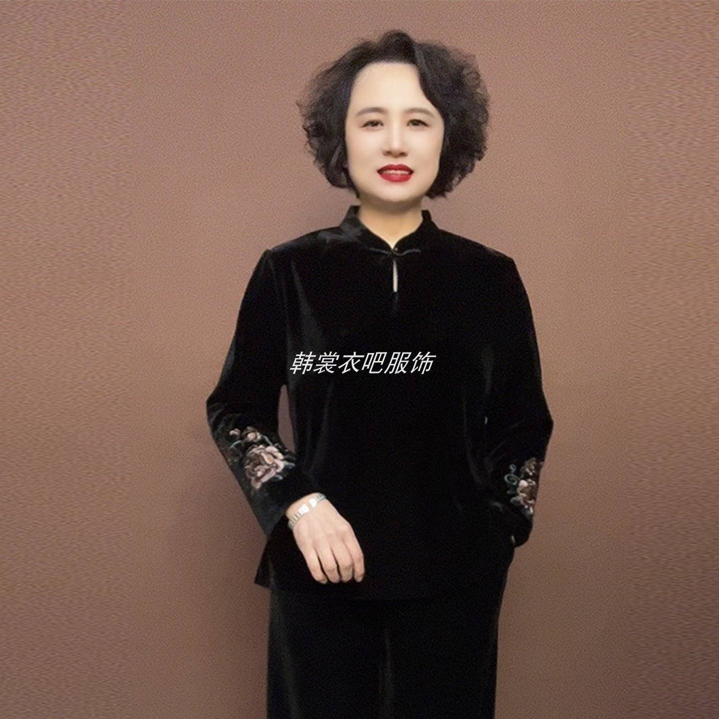 极速高品质国风刺绣丝绒上衣春装新款立领旗袍衫阔腿裤大码妈妈两