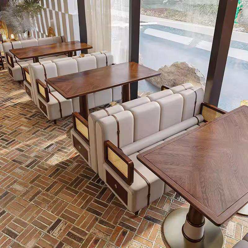 中古风咖啡厅实木餐桌椅组合复古烤肉店卡座沙发茶餐厅沙发