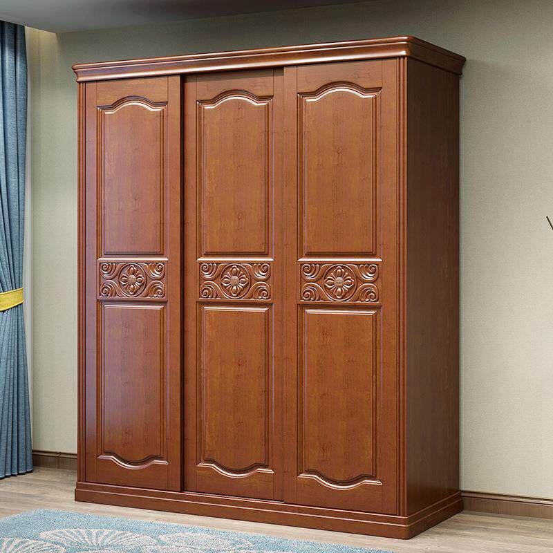 实木中式推拉门衣柜三门移门带镜子户中小型大经济型室00588木质