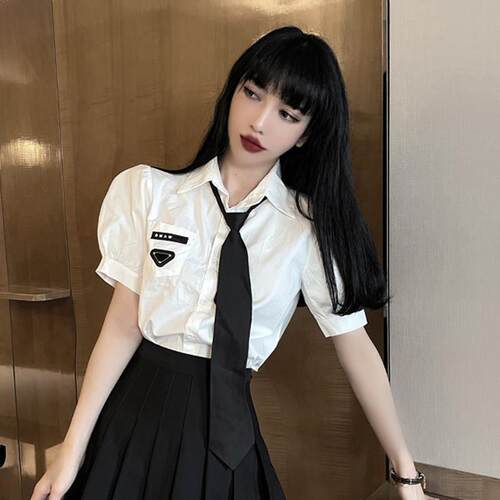 夏白色领带衬衫女学院风学生装减龄制服酒吧工作服短袖上衣