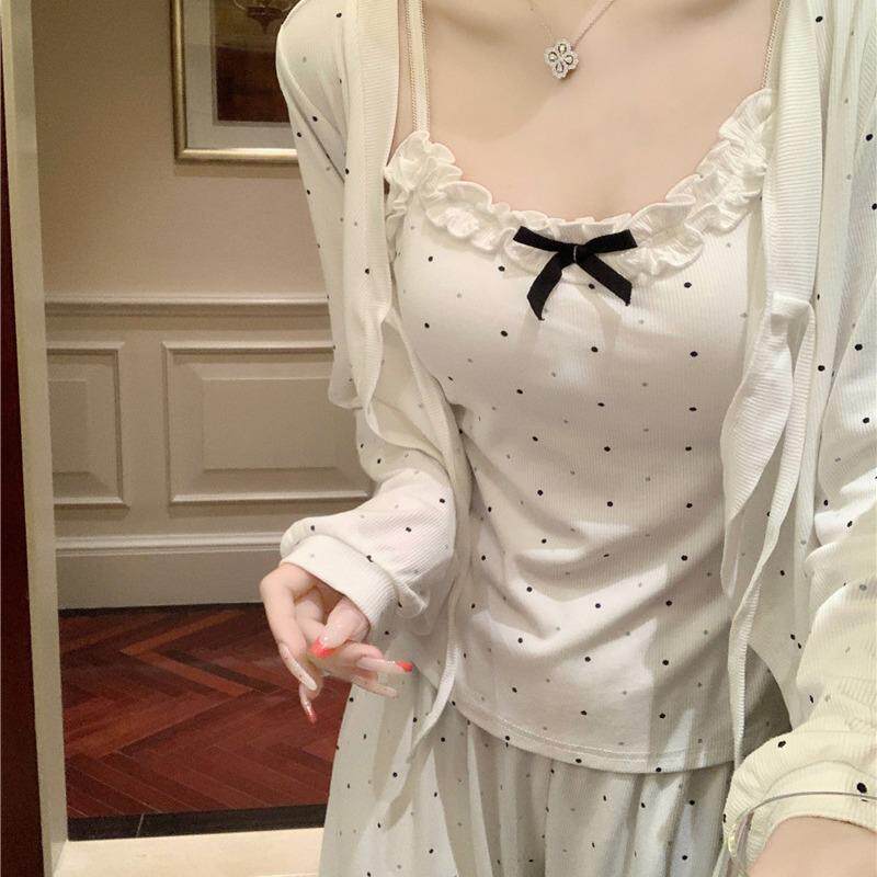纯欲风睡衣女春秋吊带长裤外套白色波点ins风可外出带胸垫家居服