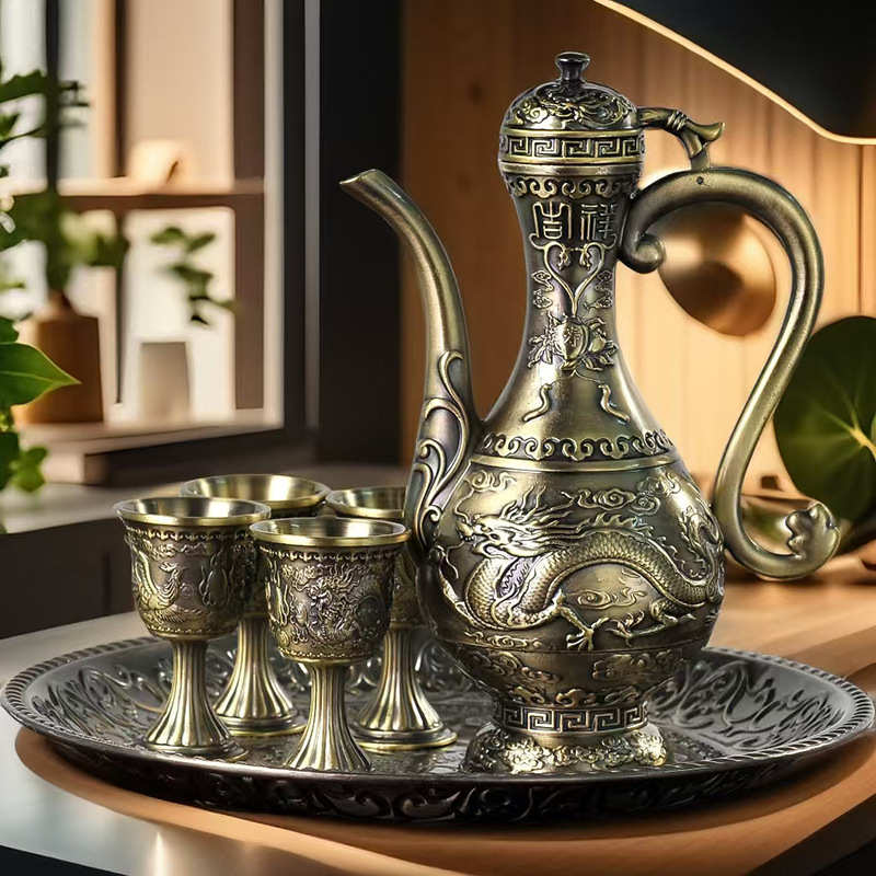 电商高档金属龙凤酒壶白酒分酒器家用白酒杯分酒器式复古酒壶