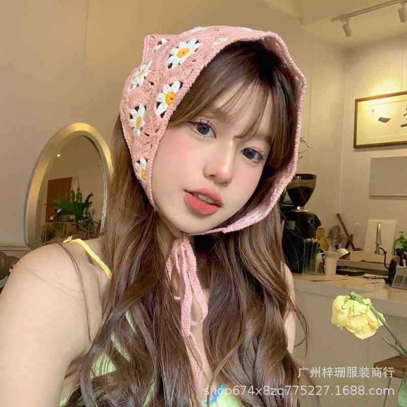 法式复古头巾女出游甜美可爱钩花文艺风发带针织手工辣妹三角巾潮