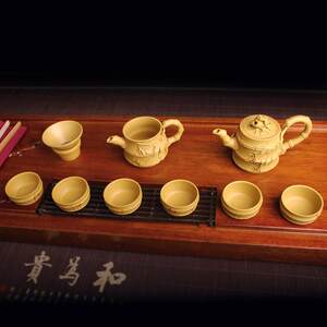 陶立方 紫砂茶壶套装段泥茶具套组手工浮雕仿竹茶具 送礼礼品
