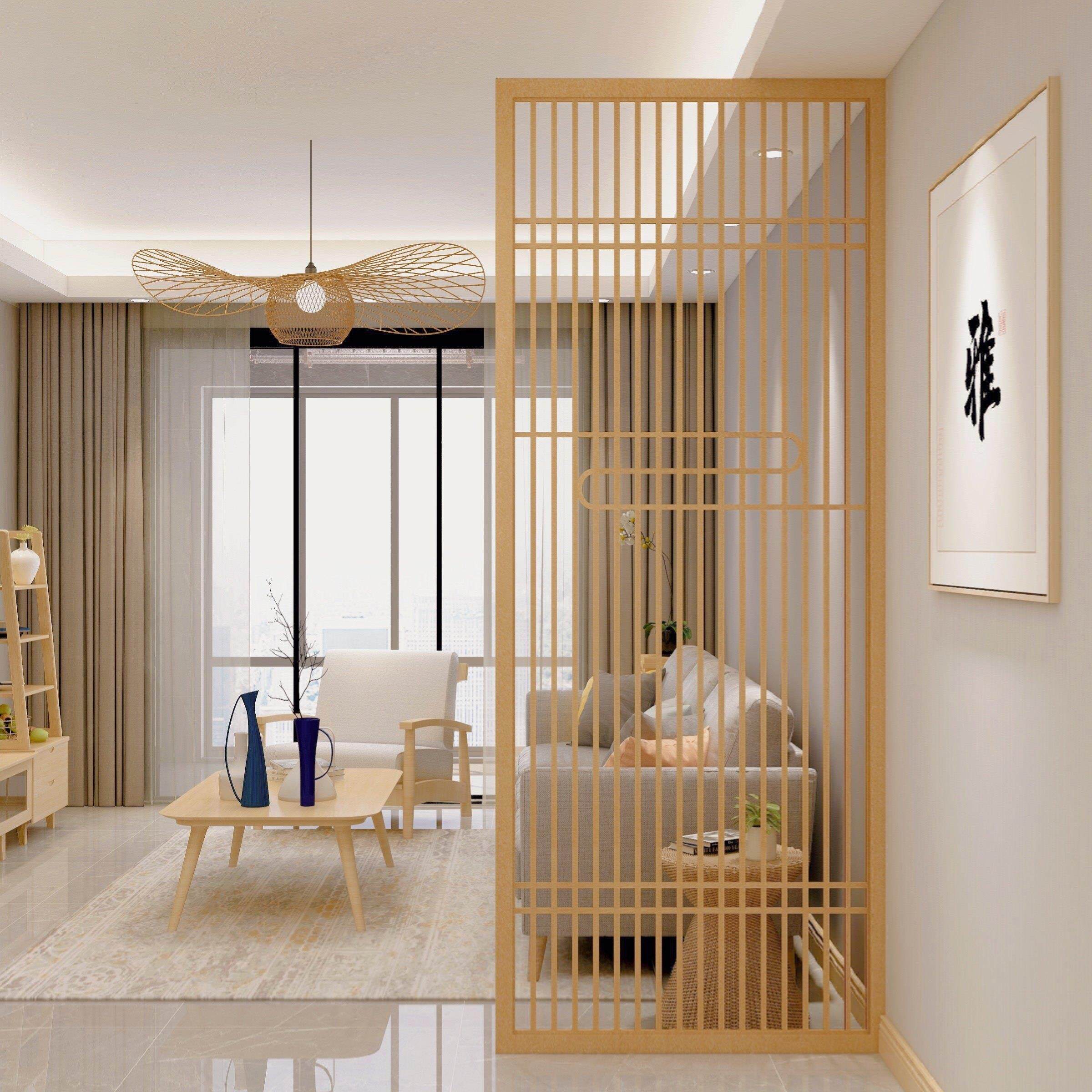 新中式原木屏风现代简约镂空客厅入户玄关日式实木隔断背景墙格栅