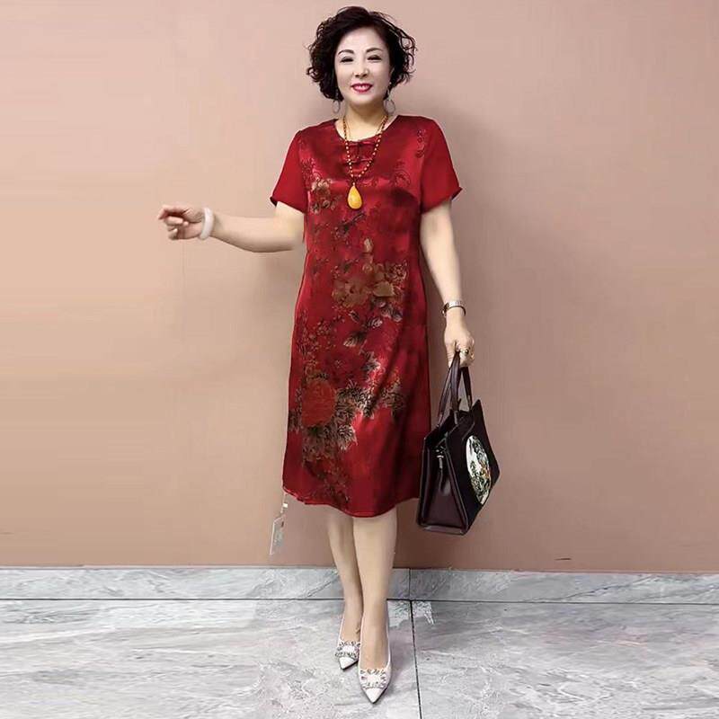 重磅真丝洋装夏季新款中老年女装气质妈妈宽松大尺码显瘦中长裙子