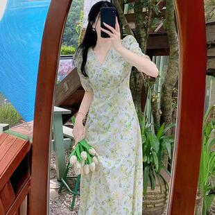 法式旗袍夏季雪纺V领裙新款妈妈装法式休闲短袖修身显欧美定制