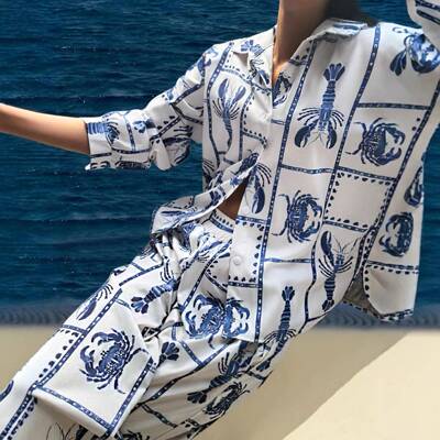Women's Crab and Lobster Print Button-Up Shirt and Pants Set