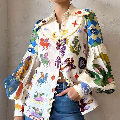 Galaxy & Animal Print Button Front Woven Shirt Retro