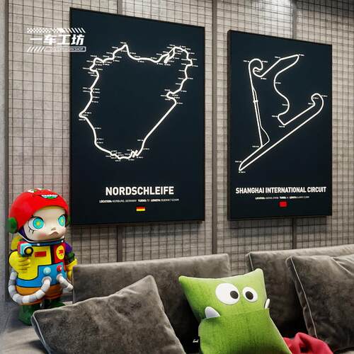 F1赛车工业风挂画纽北赛道装饰画 房车库现代简约风格壁画