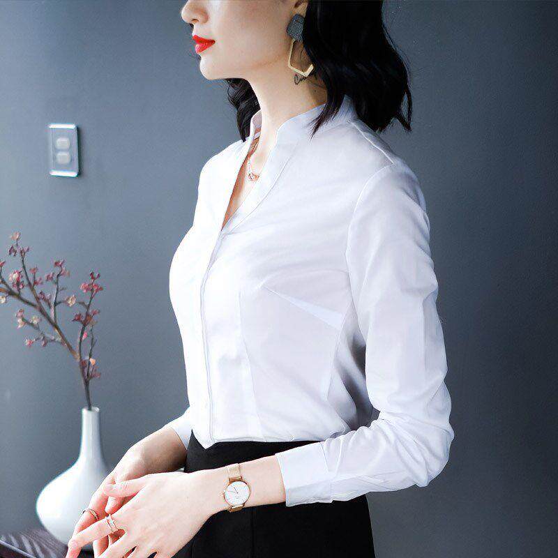 白色立领衬衫女长袖修身干练免熨烫工作服时尚百搭正装小V领衬衫