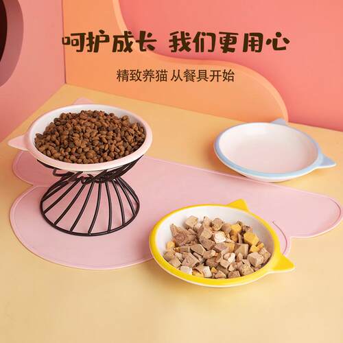 跨境猫碗陶瓷宠物碗大口径平口猫盆防打翻猫咪碗猫碗高脚护颈铁架