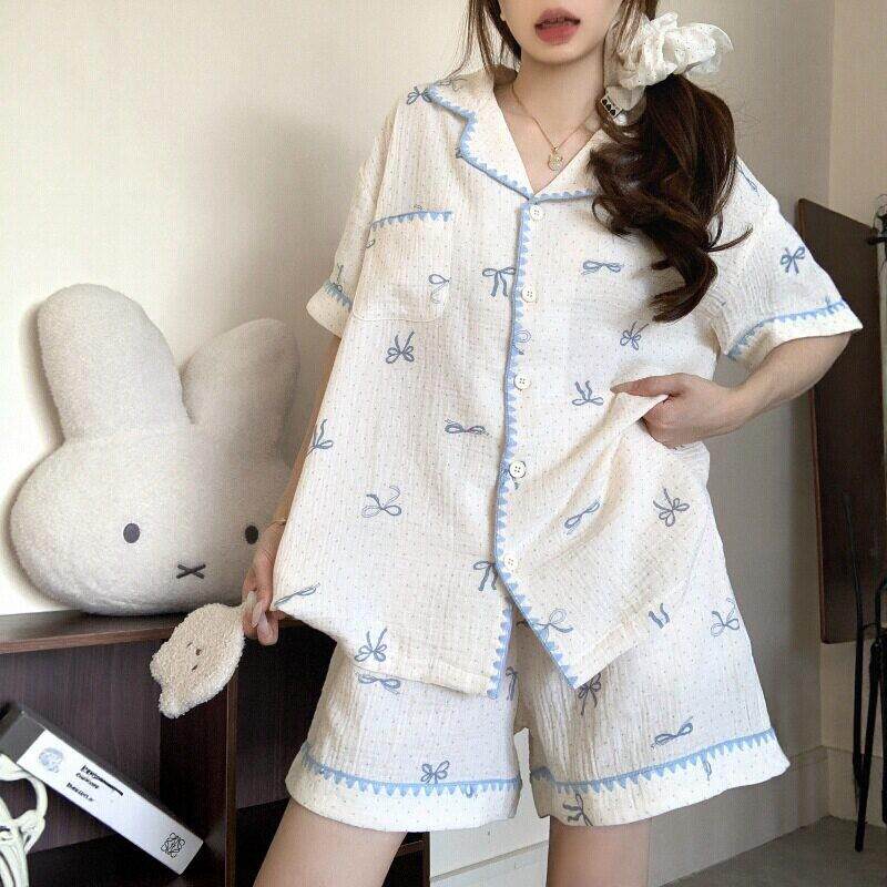 夏天ins蓝色蝴蝶结棉纱睡衣女款夏2026新款双层纱家居服短袖短裤