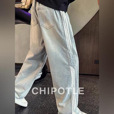 韩国CHIPOTLE美式重磅侧边条纹牛仔裤男士2026春季直筒宽松阔腿裤
