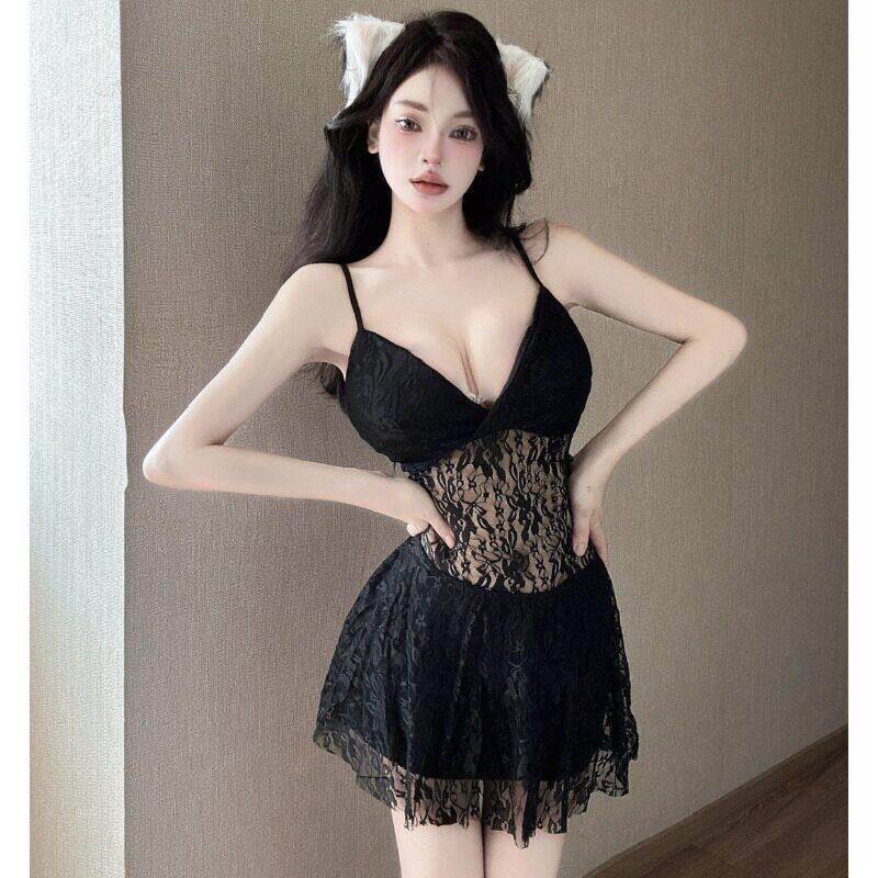 夜场女装夜店性感蹦迪透视蕾丝大摆收腰吊带连衣裙女深领字短裙