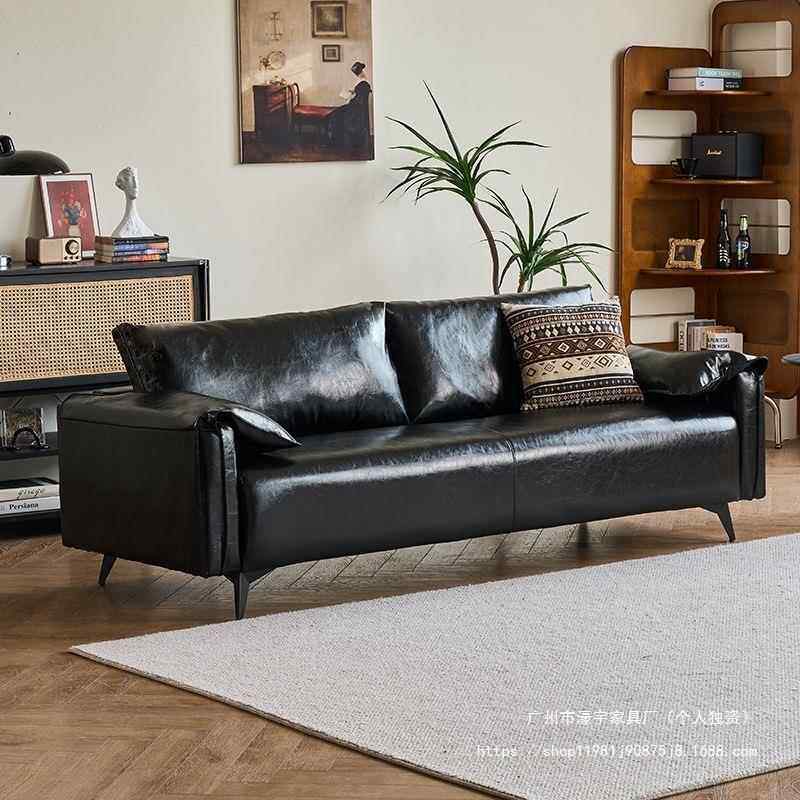 黑色沙发小户型客厅现代简约公寓卧室出租房复古油蜡皮艺双人沙发