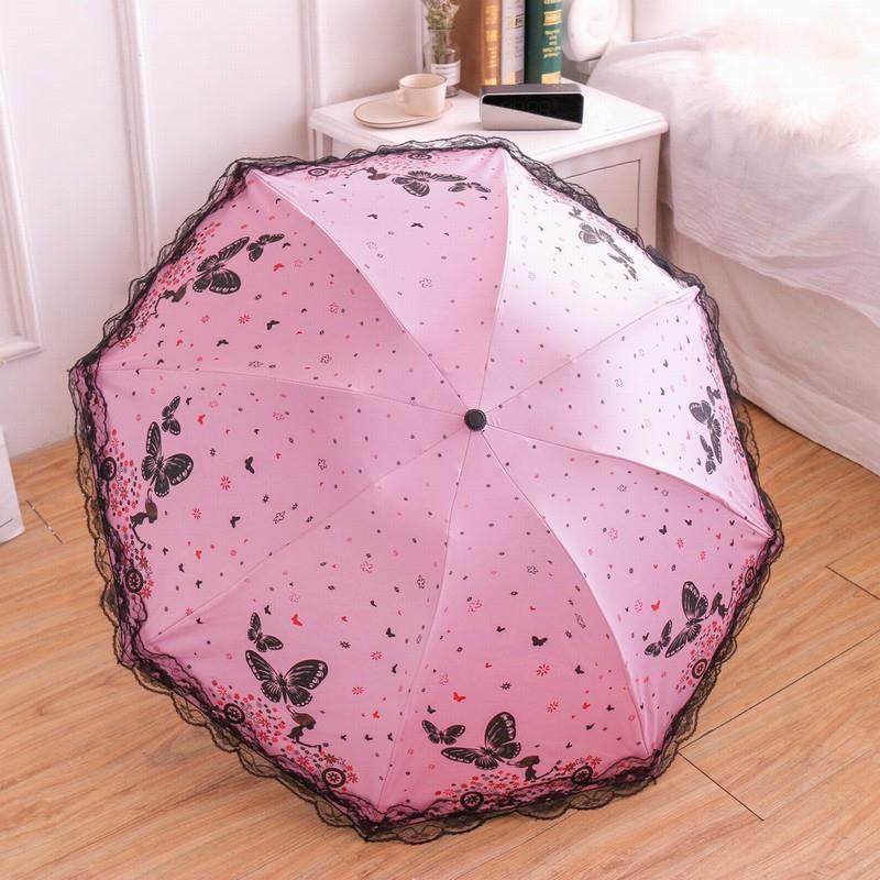 高档晴雨伞小清新太伞用三折叠黑胶防防晒紫外线两伞韩国蕾丝花阳