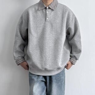 ONUN 男女情侣 日系少年感假两件翻领卫衣宽松百搭半开领套头衫