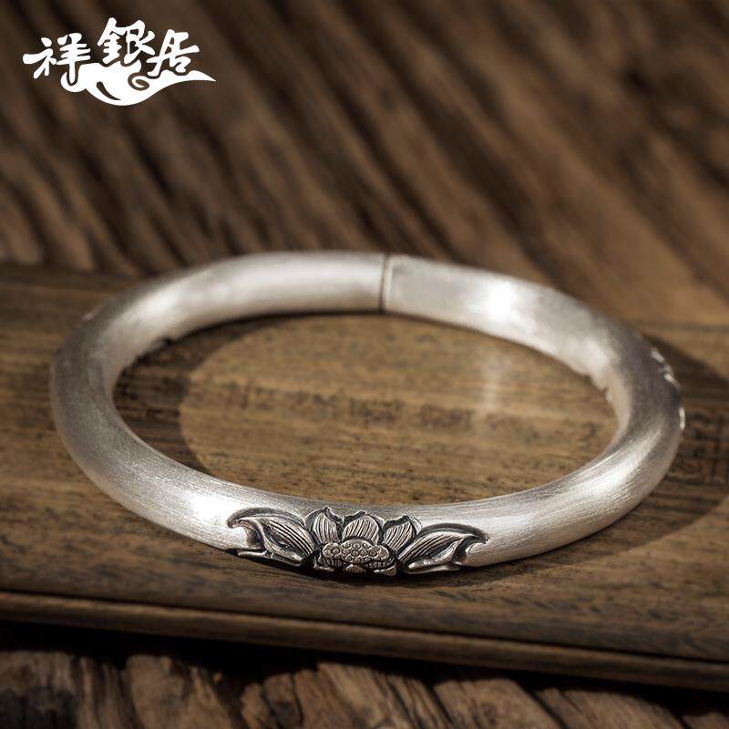 正品祥居云南足银手工制作复做旧哑圆柱银莲古花手镯.珍光藏