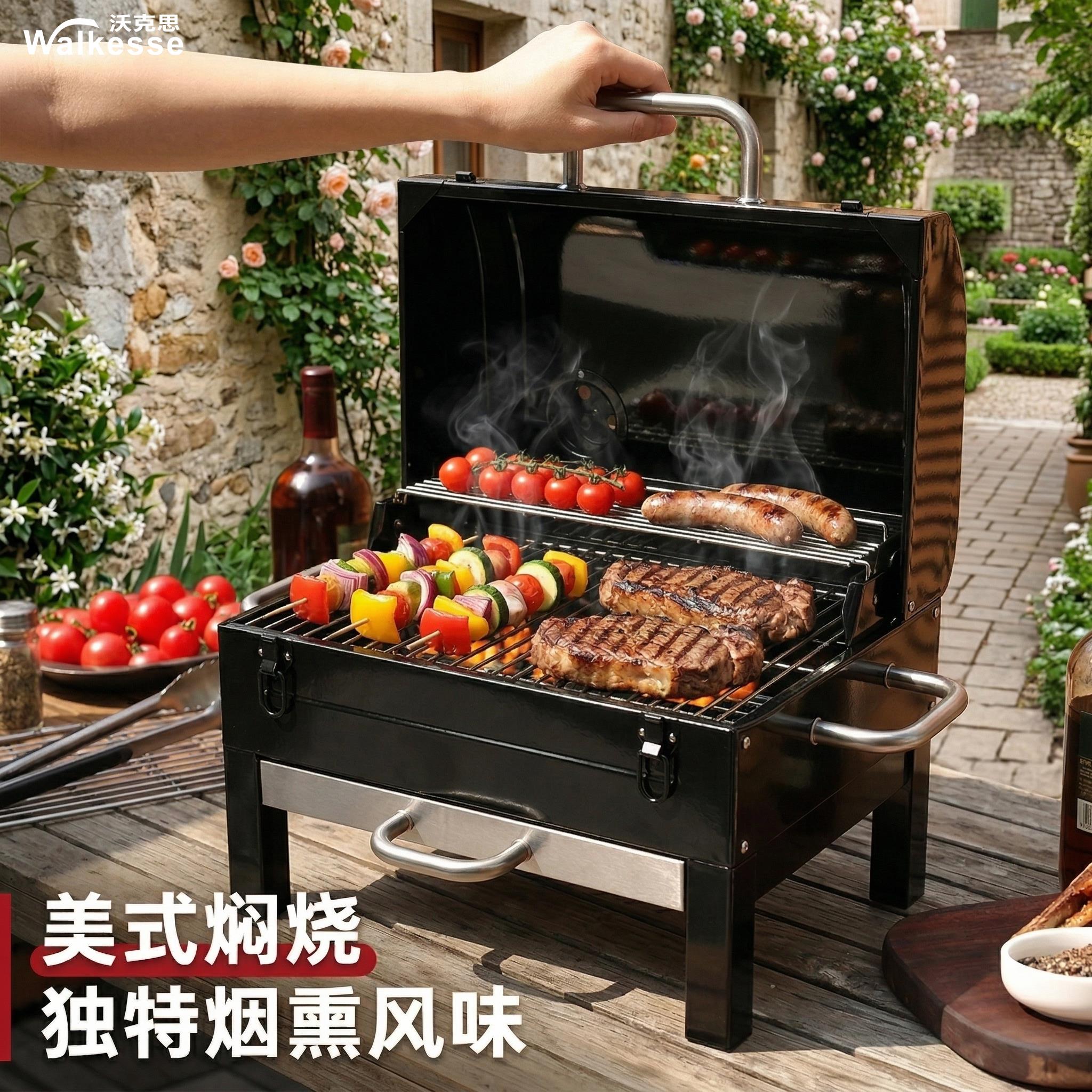 沃克思户外庭院便携式方形珐琅烧烤炉家用桌面烧烤架BBQ炭烤炉