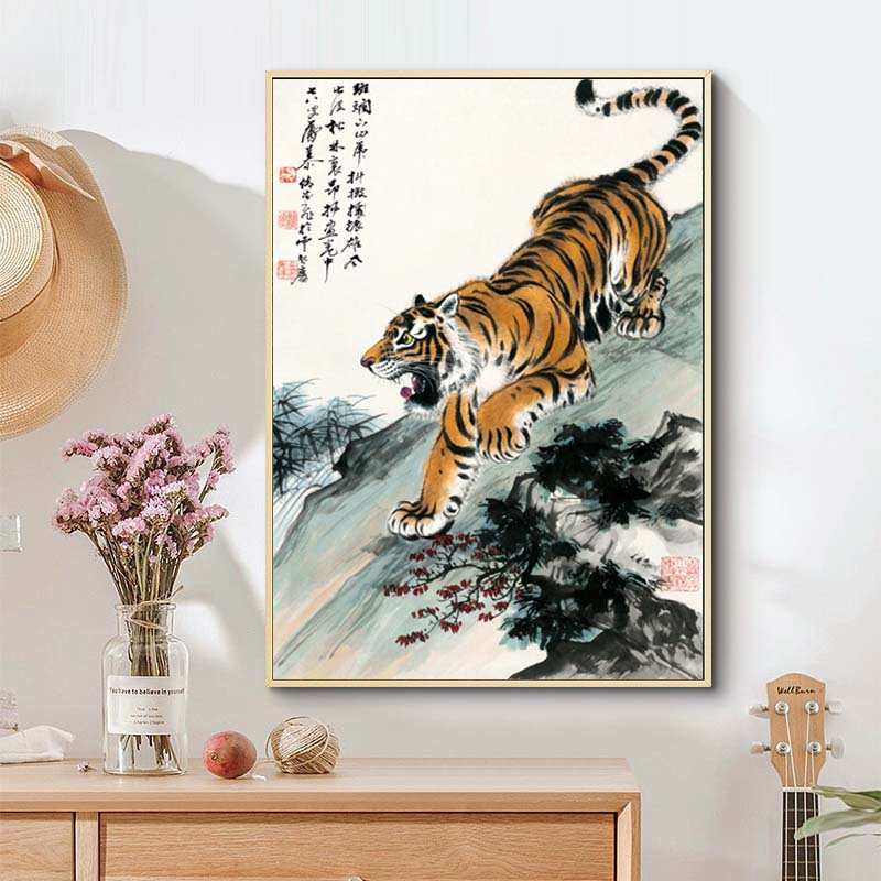 老虎图上山虎中式风格装饰画 多尺寸选择 高品质PS框加油画布 广